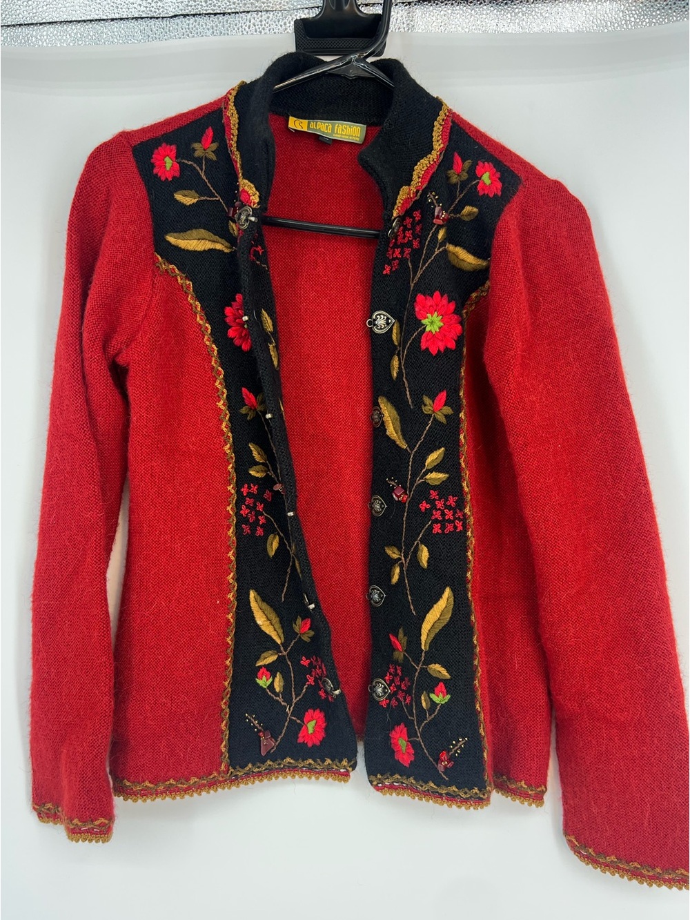 Alpaca Red Floral Embroidered Cardigan Sweater with Black Trim - Picture 2 of 4